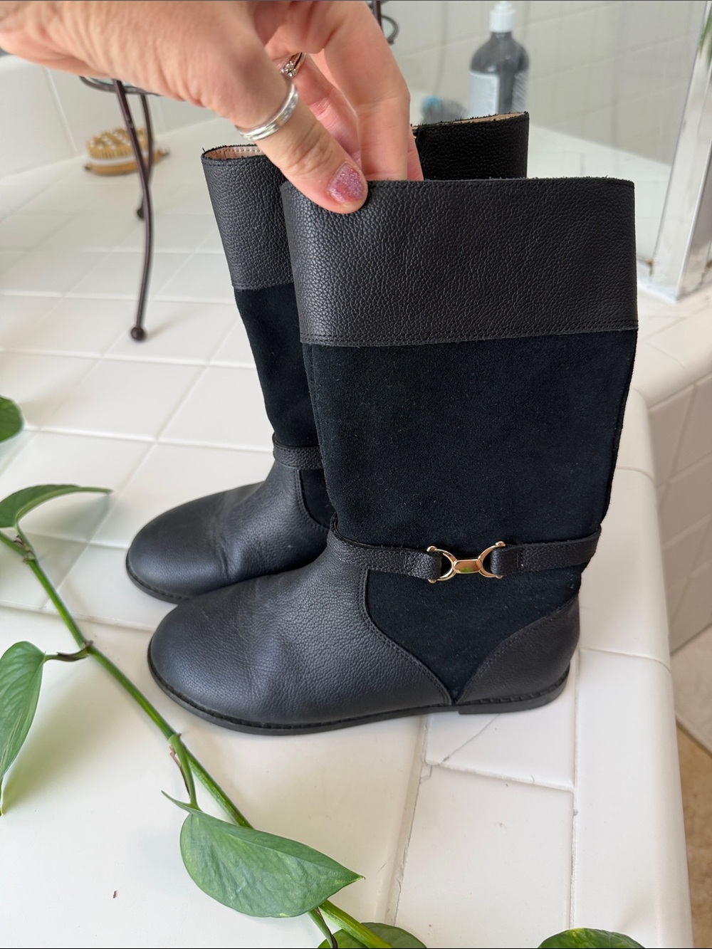 Janie and Jack Black Mid-Calf Leather & Suede Boots with Gold Accent